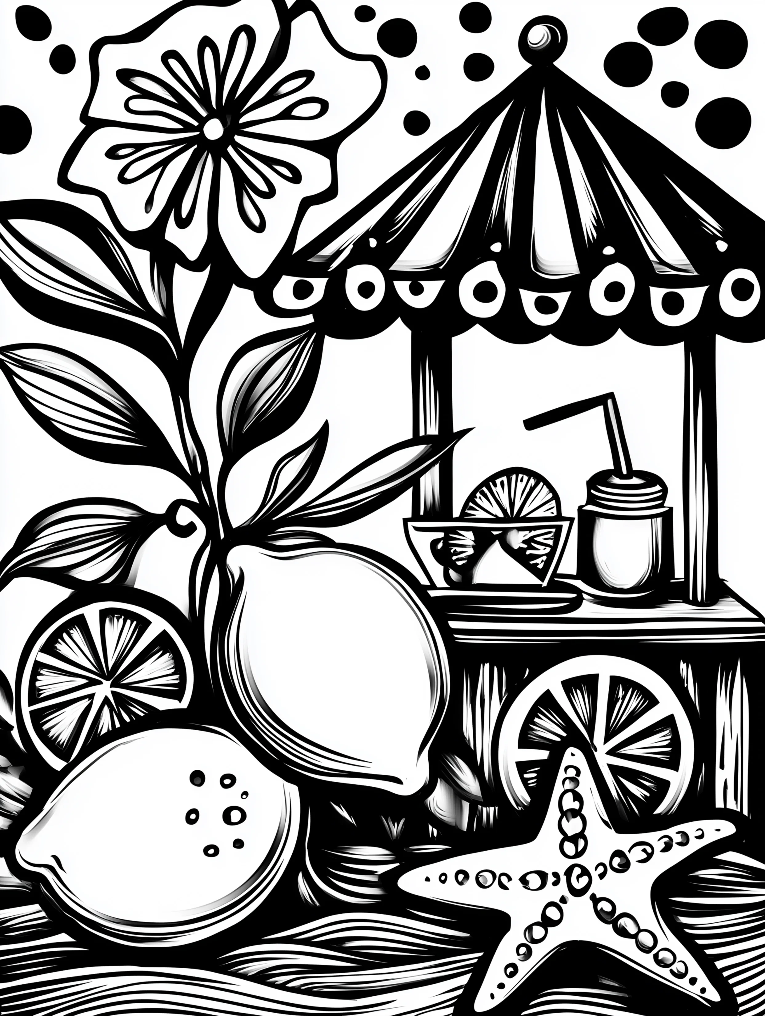 Free printable summer coloring page for adults featuring a lemonade stand at the beach